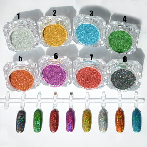 1.5g 1 Box Hot Sale Holographic Glitter Laser Powder Nail Glitter Manicure Nail Art Chrome Pigment DIY Nails- 8 Colors Available