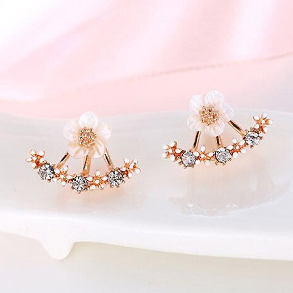 USTAR Flower Crystals Stud Earring for Women Rose gold color Double Sided Fashion Jewelry Earrings female Ear brincos Pending