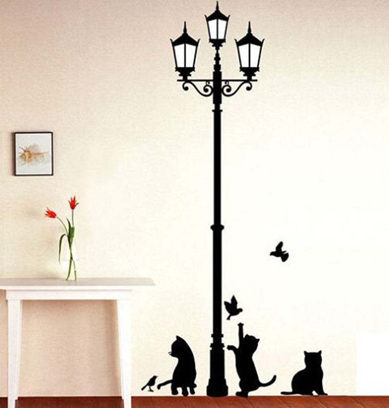 Free Shipping   Popular Ancient Lamp Cats and Birds Wall Sticker Wall Mural Home Decor Room Kids Decals Wallpaper