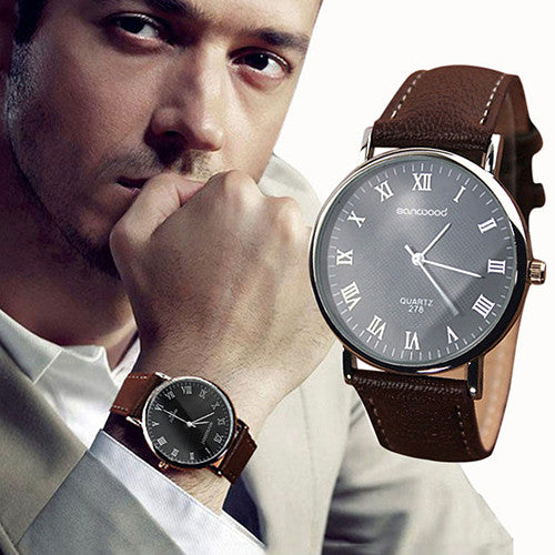 Business Men's Roman Numerals Faux Leather Band Quartz Analog Luxury Dress Watches New Design 6XYV