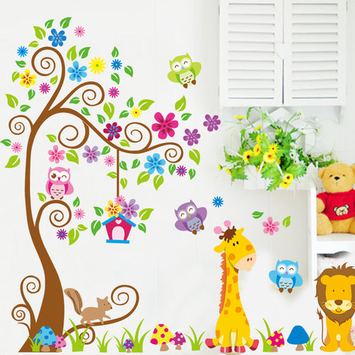 Cartoon Animal Tree wallpaper for kids rooms adesivo de parede vintage child vinyl wall sticker home decor decoration